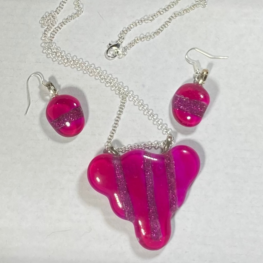 Raspberry Fused Glass Necklace and Earring Set